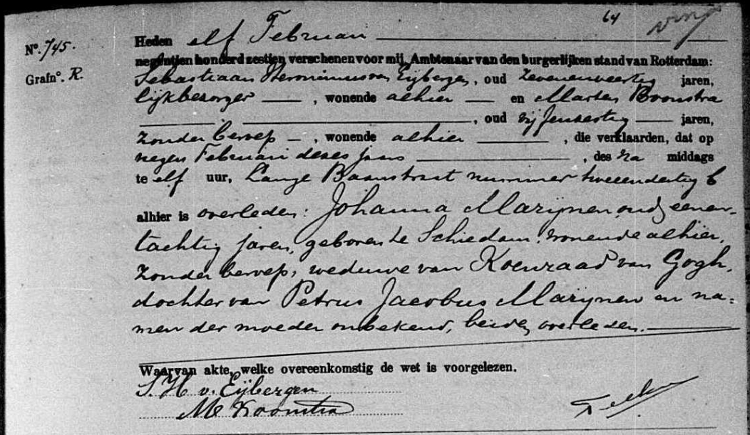 9 feb 1916 overlijden Johanna Marijnen Rotterdam